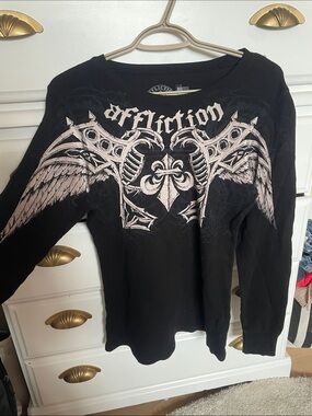 Affliction Black Long sleeve shirt with Light Gray Winged Crest Graphic